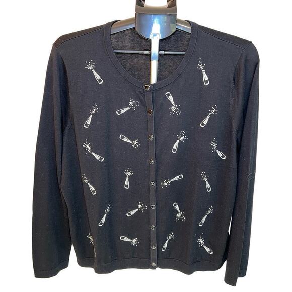Talbot’s Rhinestone Champagne Pop  Black Button Cardigan Sweater Size XL Petite - Picture 2 of 10